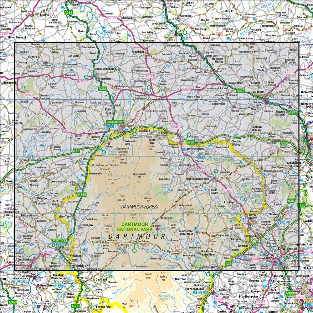 OMN4 image showing the area of the Ordnance Survey 1:50,000 Landranger map 191 Okehampton & North Dartmoor Crediton & Bovey Tracey