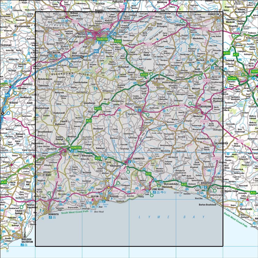 OMN4 image showing the area of the Ordnance Survey 1:50,000 Landranger map 193 Taunton & Lyme Regis Chard & Bridport