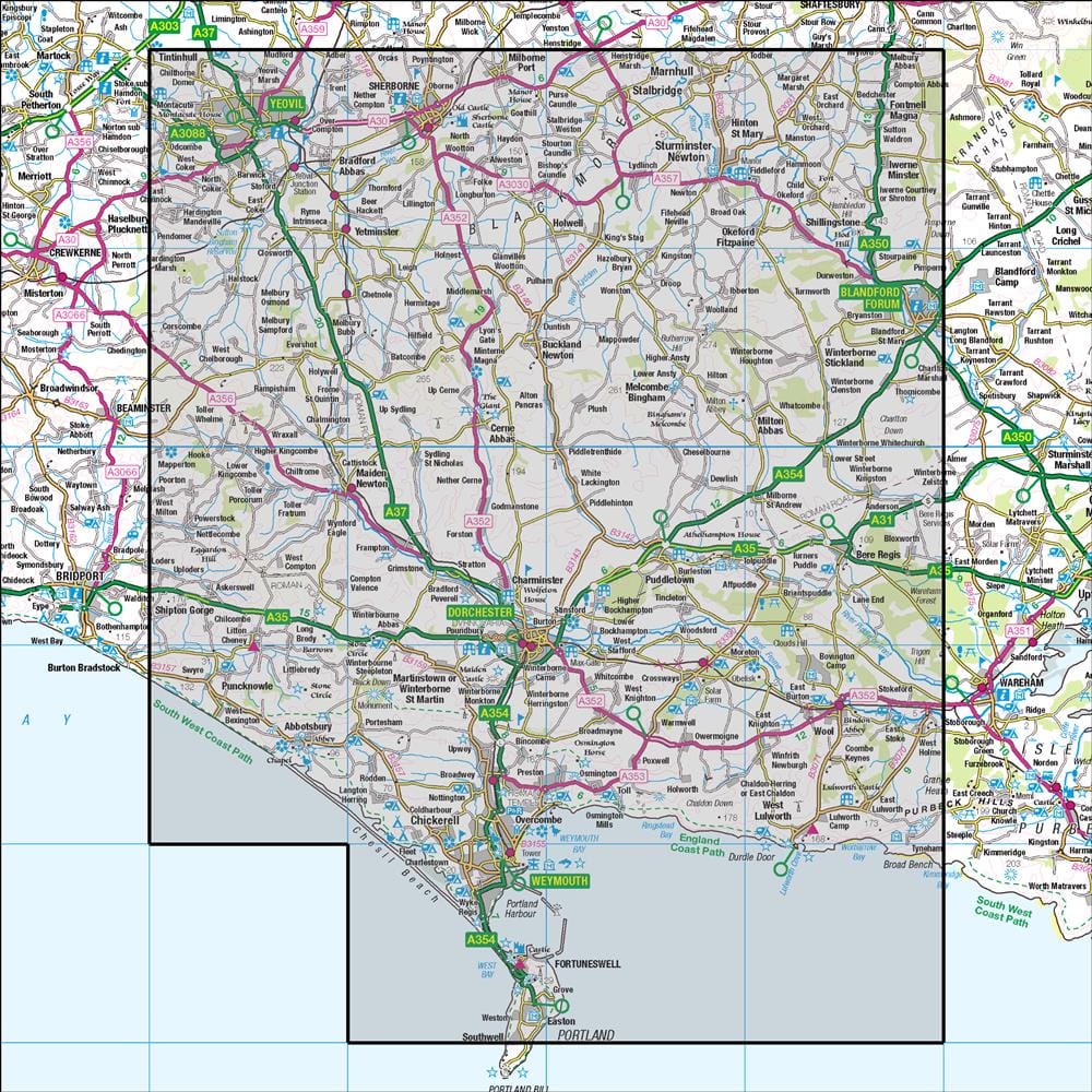 OMN4 image showing the area of the Ordnance Survey 1:50,000 Landranger map 194 Dorchester & Weymouth Cerne Abbas & Bere Regis