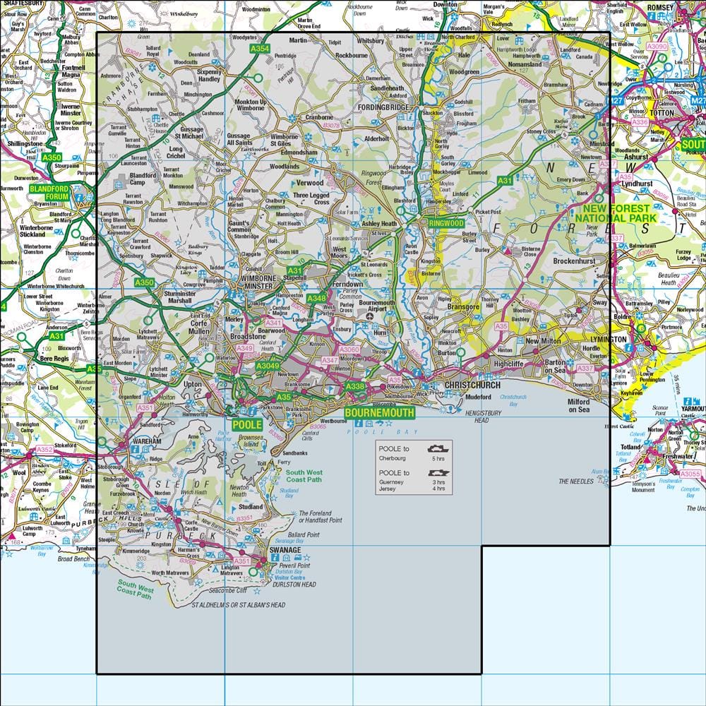 OMN4 image showing the area of the Ordnance Survey 1:50,000 Landranger map 195 Bournemouth & Purbeck Wimborne Minster & Ringwood