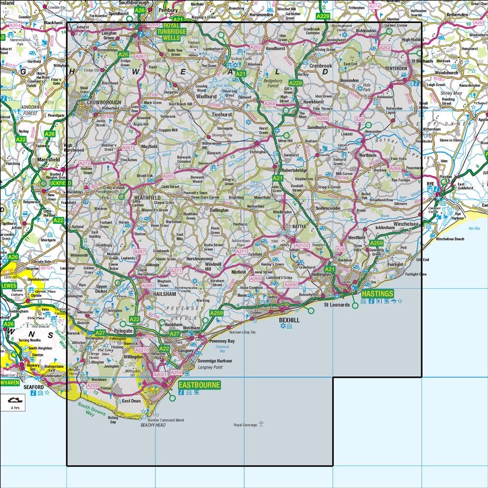 OMN4 image showing the area of the Ordnance Survey 1:50,000 Landranger map 199 Eastbourne & Hastings Crowborough, Battle & Heathfield