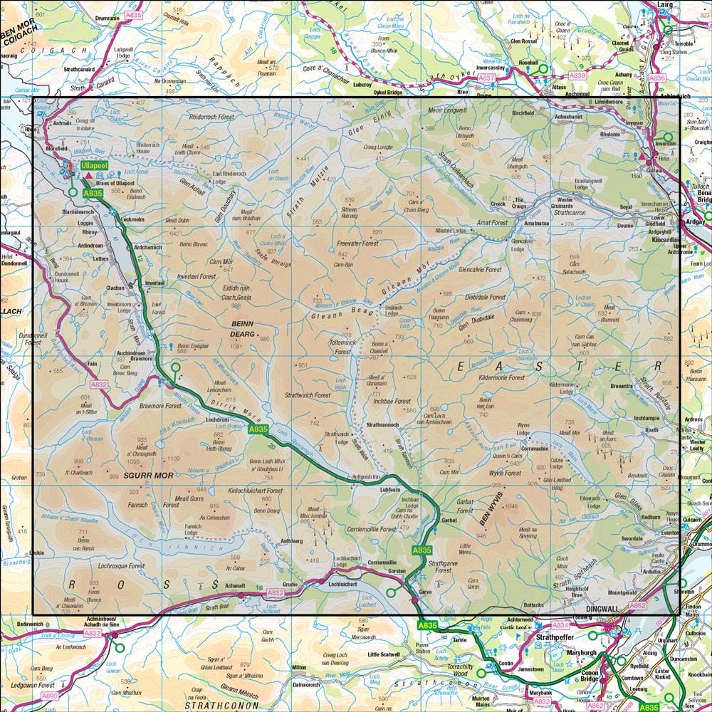 OMN4 image showing the area of the Ordnance Survey 1:50,000 Landranger map 20 Beinn Dearg & Loch Broom Ben Wyvis