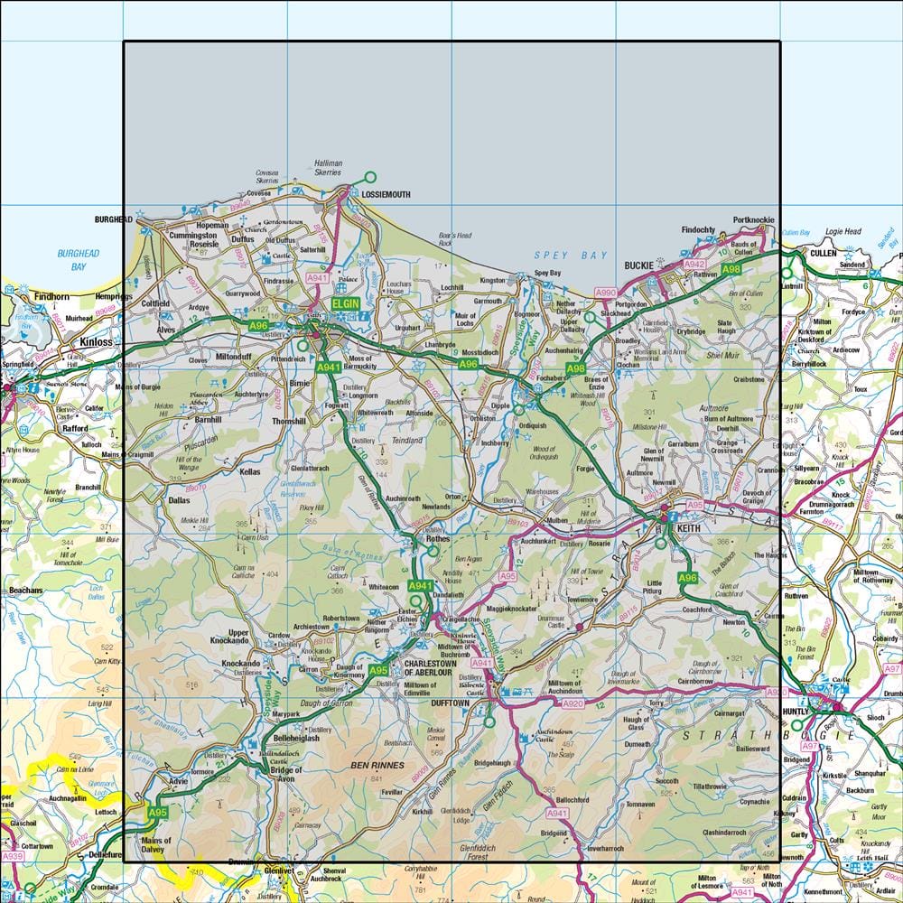 OMN4 image showing the area of the Ordnance Survey 1:50,000 Landranger map 28 Elgin & Dufftown Buckie & Keith