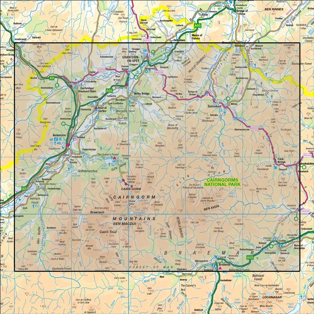 OMN4 image showing the area of the Ordnance Survey 1:50,000 Landranger map 36 Grantown & Aviemore Cairngorm Mountains