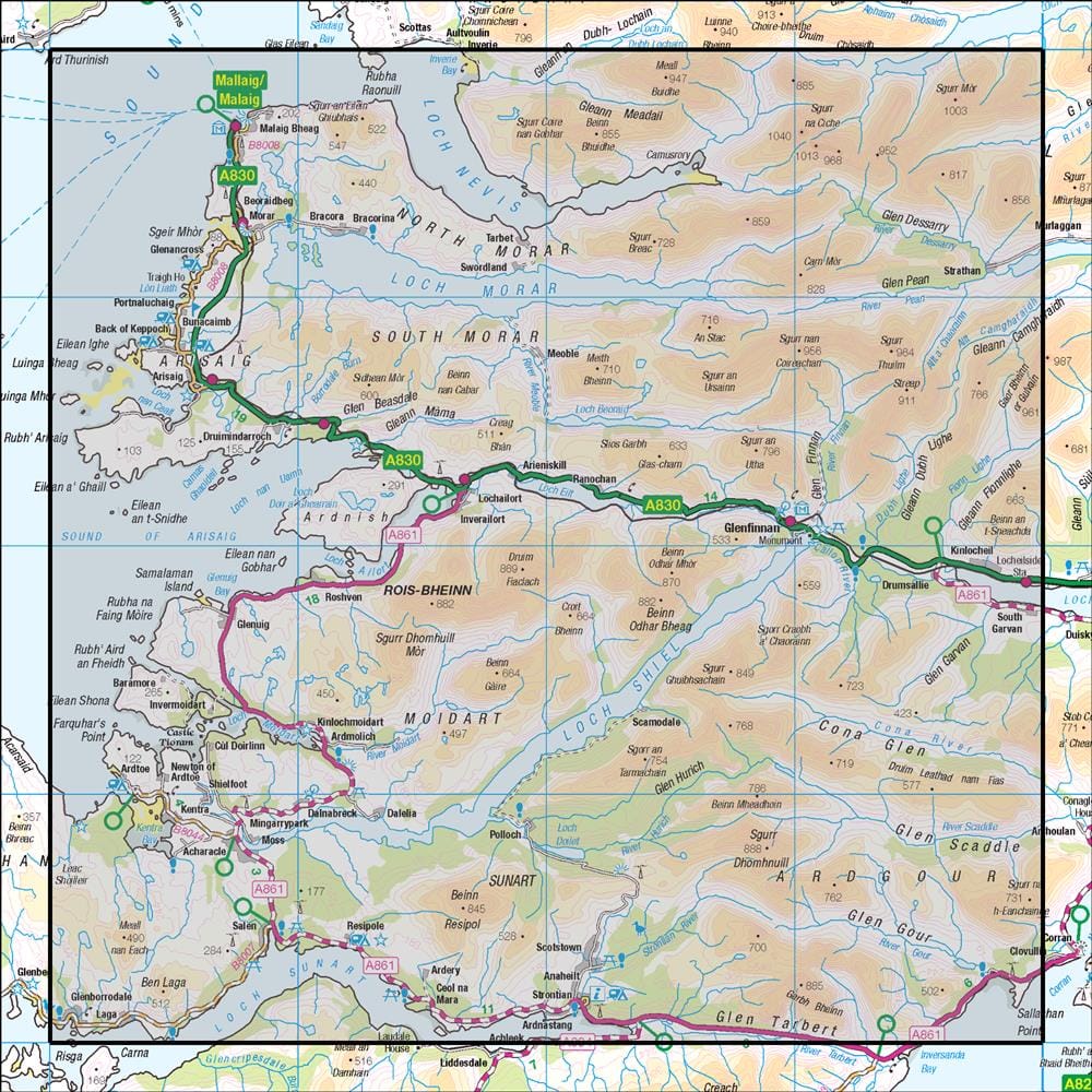 OMN4 image showing the area of the Ordnance Survey 1:50,000 Landranger map 40 Mallaig & Glenfinnan Loch Shiel