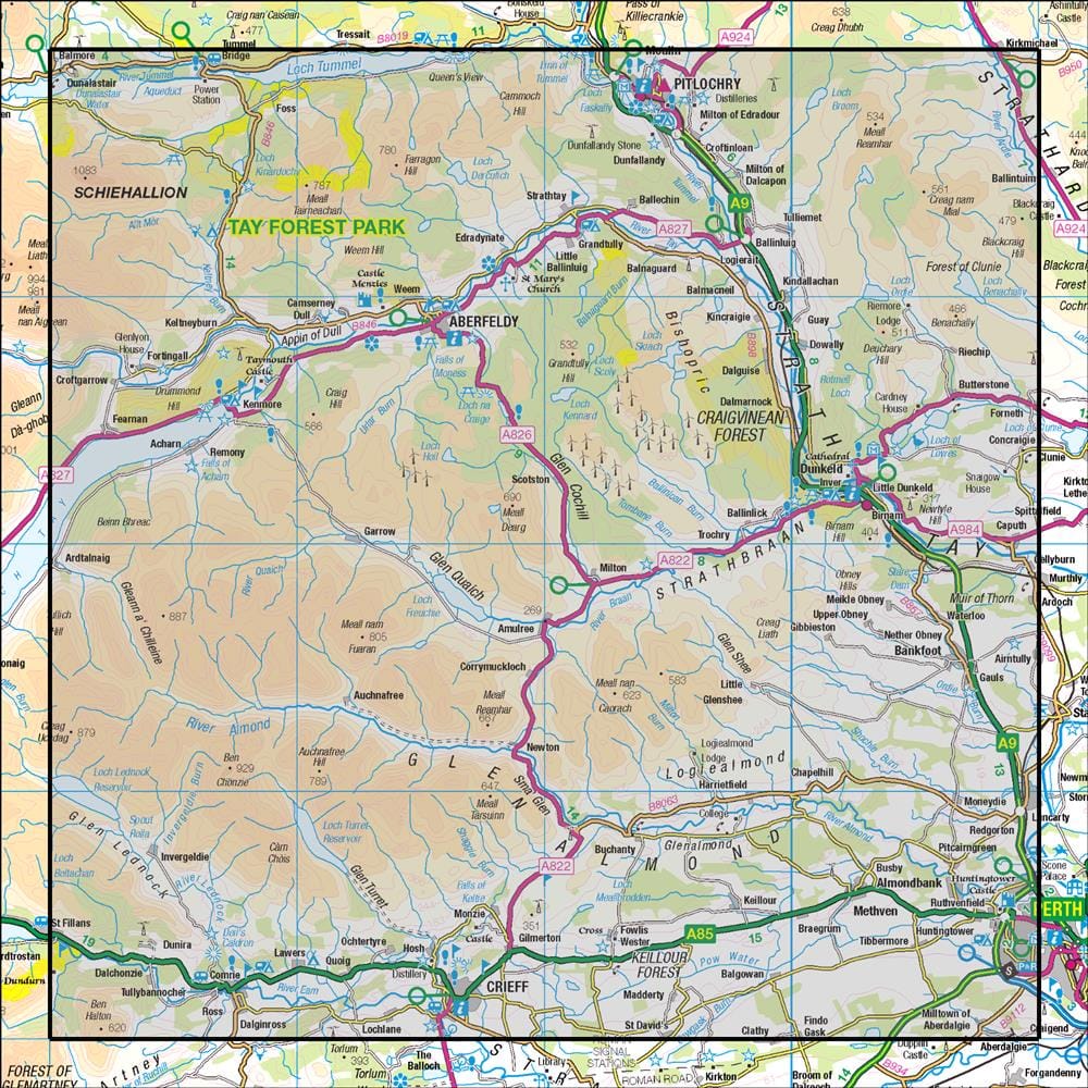 OMN4 image showing the area of the Ordnance Survey 1:50,000 Landranger map 52 Pitlochry & Crieff Aberfeldy