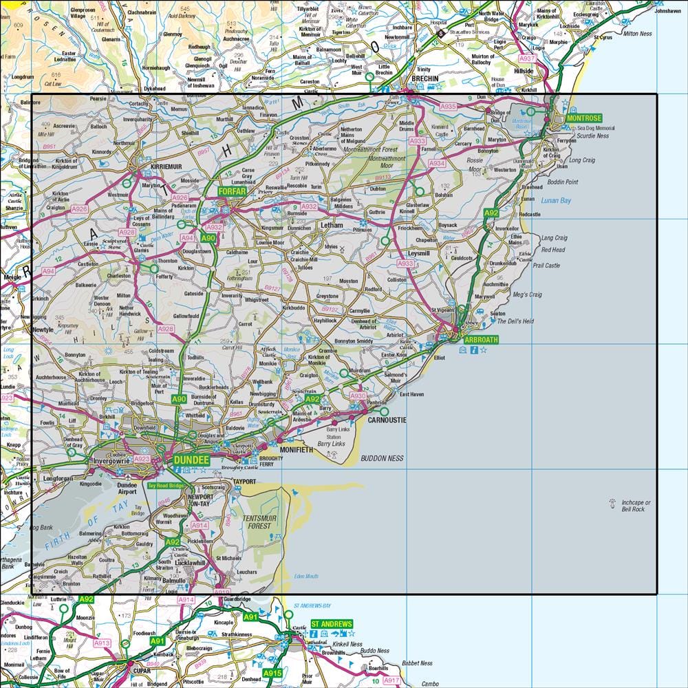 OMN4 image showing the area of the Ordnance Survey 1:50,000 Landranger map 54 Dundee & Montrose Forfar & Arbroath