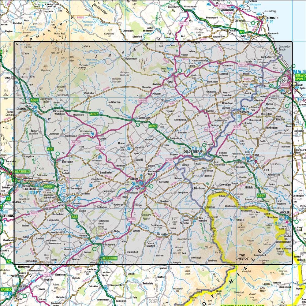 OMN4 image showing the area of the Ordnance Survey 1:50,000 Landranger map 74 Kelso & Coldstream Jedburgh & Duns