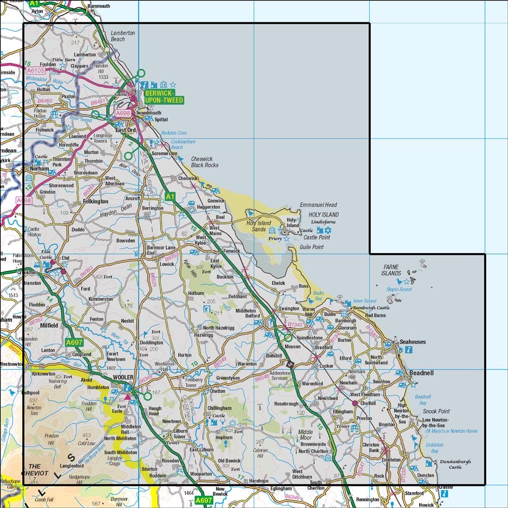 OMN4 image showing the area of the Ordnance Survey 1:50,000 Landranger map 75 Berwick-upon-Tweed Holy Island & Wooler