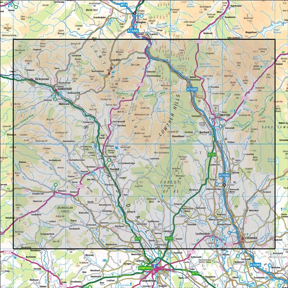 OMN4 image showing the area of the Ordnance Survey 1:50,000 Landranger map 78 Nithsdale & Annandale Sanquhar & Moffat