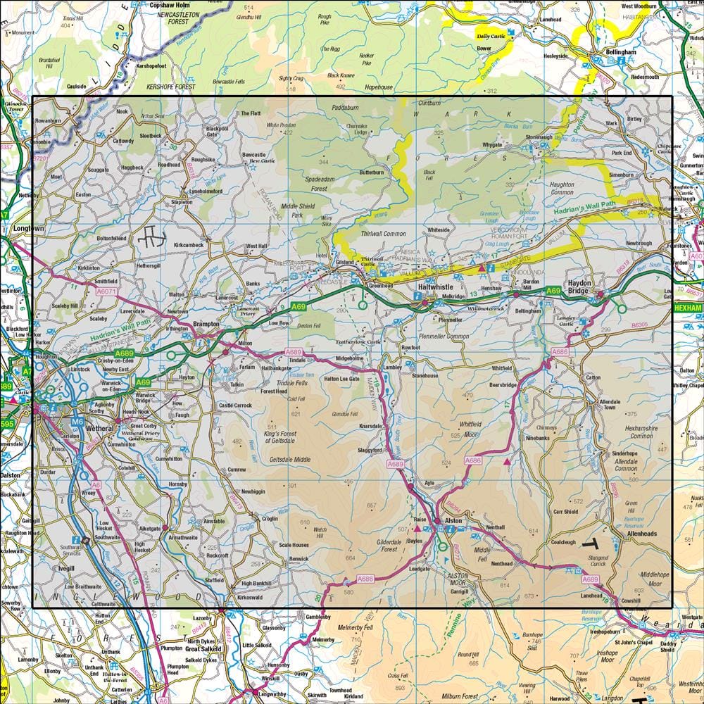 OMN4 image showing the area of the Ordnance Survey 1:50,000 Landranger map 86 Haltwhistle & Brampton Bewcastle & Alston