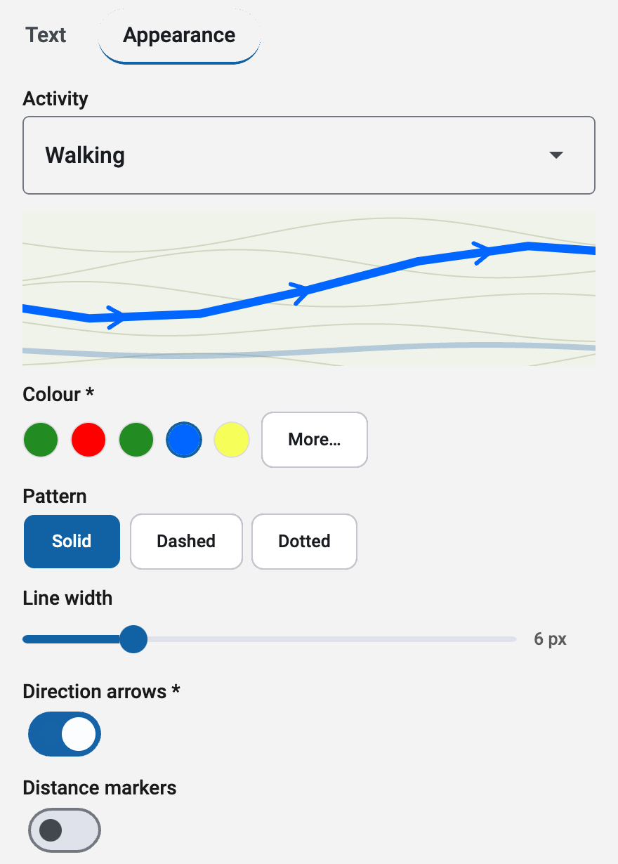 Route Properties Appearance tab with Activity Walking, and Colour and Direction arrows marked with an asterisk