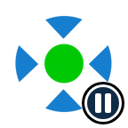 Blue recentre arrows and pause badge with a green centre