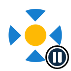 Blue recentre arrows and pause badge with an orange centre