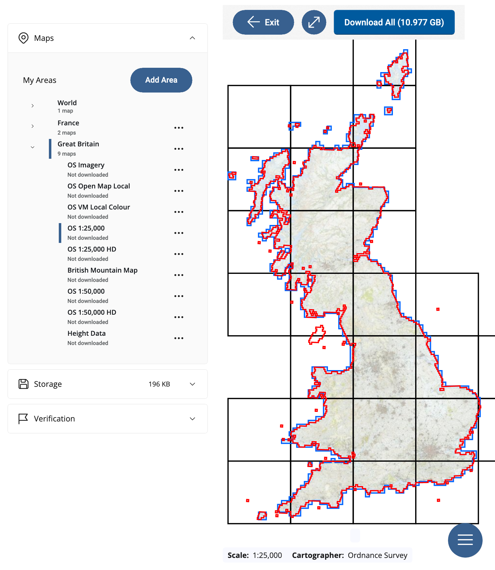 Map Management with Great Britain and OS 1:25,000 selected