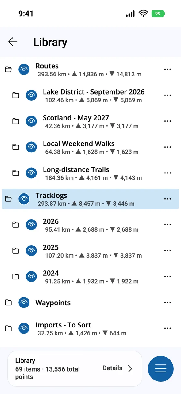 The OMN4 library on iPhone with folders of routes, tracklogs and waypoints