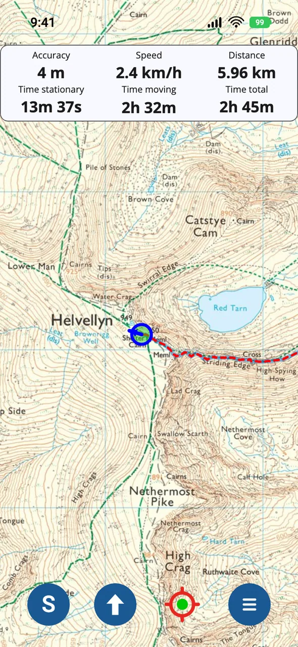 OMN4 on iPhone recording a tracklog near Helvellyn, with live position and trip statistics