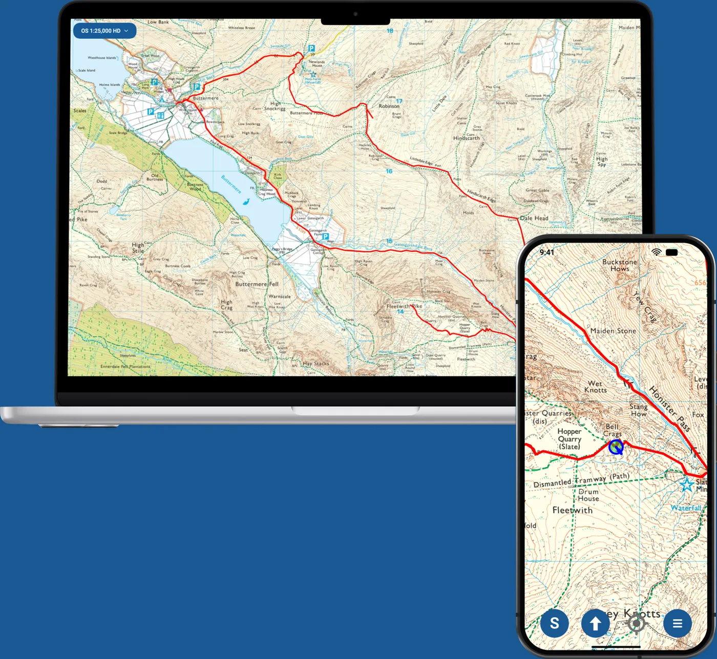 OMN4 on a MacBook and a phone showing the same Buttermere route on Ordnance Survey mapping