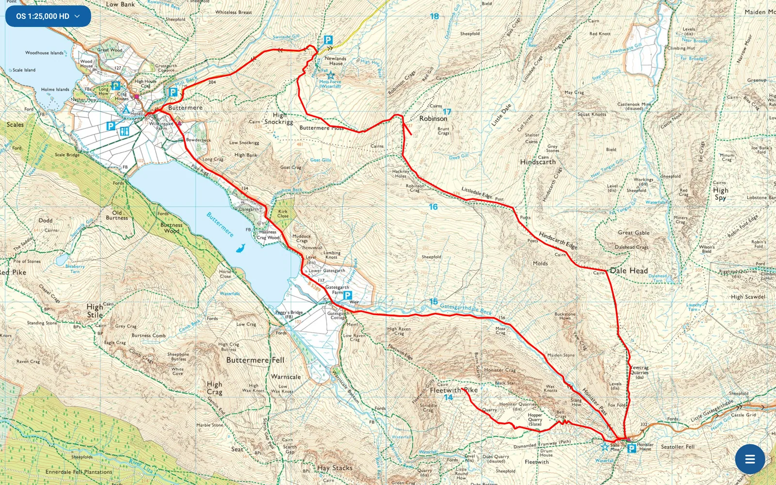 OMN4 on macOS showing the Buttermere Circuit route on Ordnance Survey 1:25,000 mapping