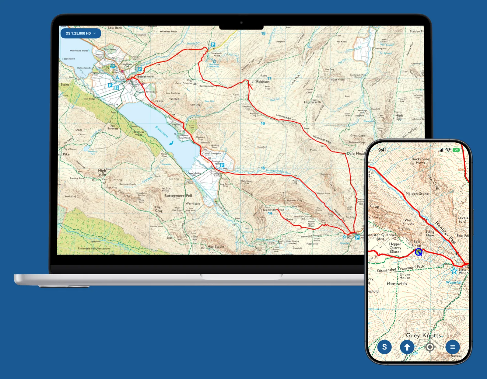 OMN4 on a MacBook and an iPhone showing the same Buttermere Circuit route on Ordnance Survey mapping