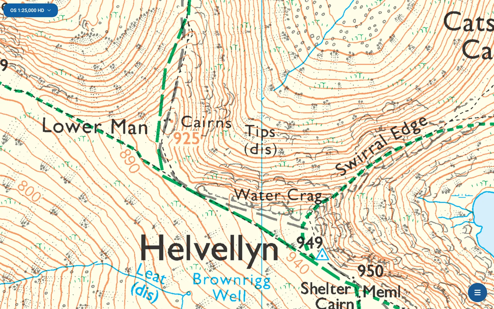 Ordnance Survey 1:25,000 mapping of Helvellyn in OMN4 on macOS
